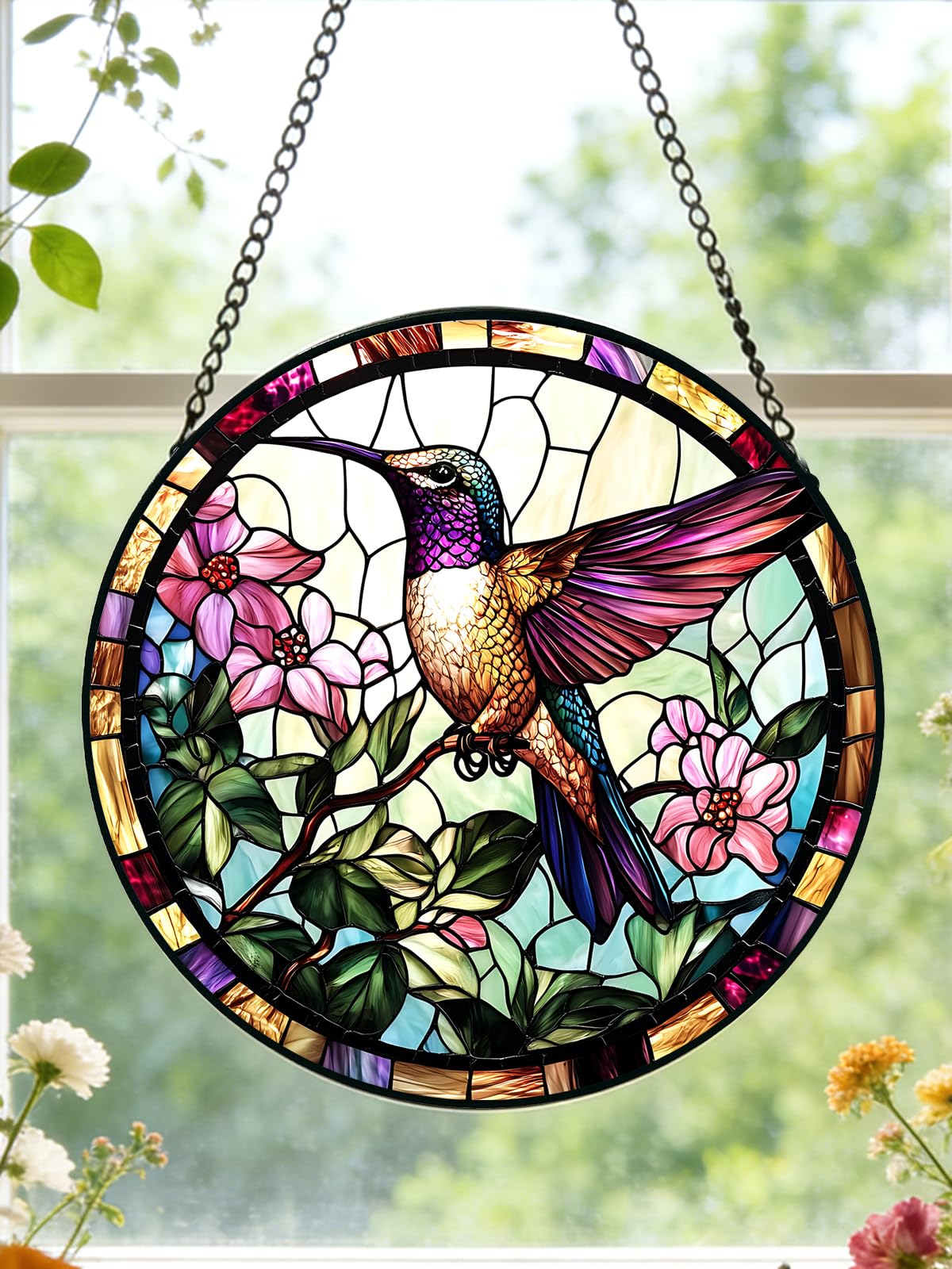 Stained Glass Window Hanging, Hummingbird Suncatcher for Door Home Decor, Birds Flowers Sun Catcher Ornament Mother's Day Birthday Gifts for Bird Lovers Women Men Mom 6.3 in
