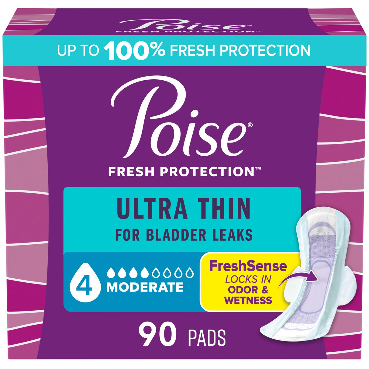 Poise Ultra Thin Incontinence & Postpartum Pads with Wings for Bladder Leaks, 4 Drop Moderate Absorbency, Regular Length, 90 Count, Packaging May Vary