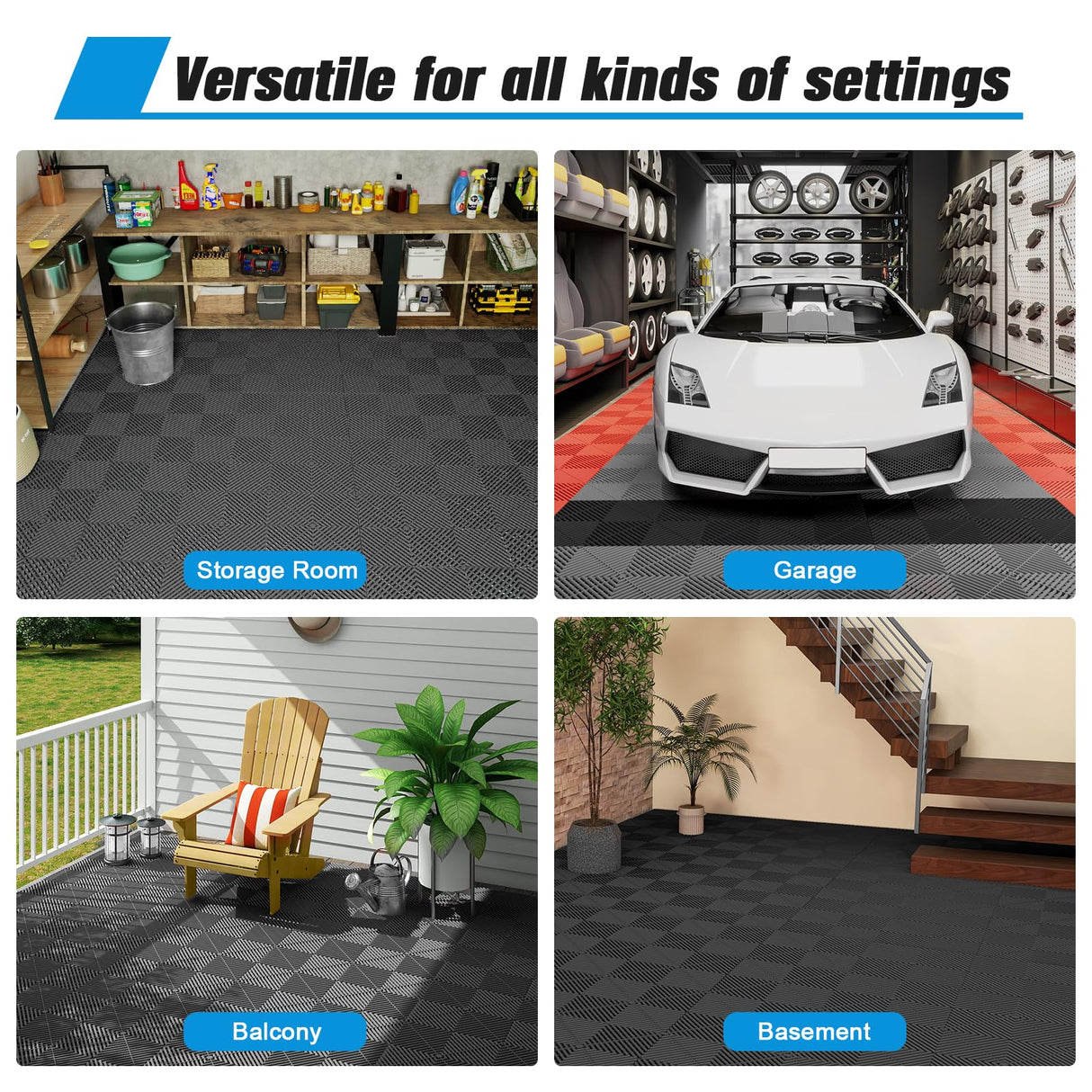 Jocoevol 60-Pcs Interlocking Tile, 12" x 12" Indoor/Outdoor Self-Drainage Interlocking Floor Tiles, Non-Slip Heavy-Duty Polypropylene Splicing Flooring Tile for Garage Patio Pool Bathroom, Black