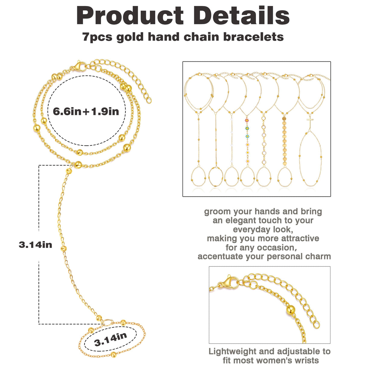 BOMAIL 7Pcs 14K Gold Plated Gold Hand Chain Bracelets for Women
