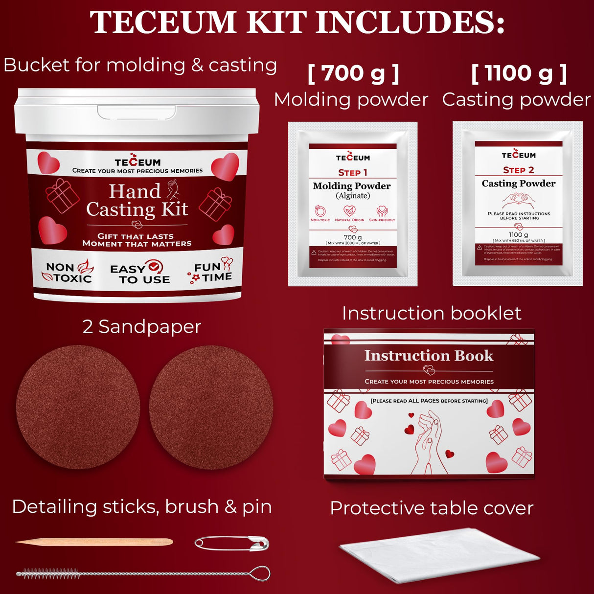 TECEUM Hand Casting Kit – Unique Gift for Babies & Adults – Ideal DIY Gift for Your Loved Ones, Couples, Family – For Wedding, Anniversary, Baby Shower, Mother’s Day, Christmas – Romantic Gifts – Kit1