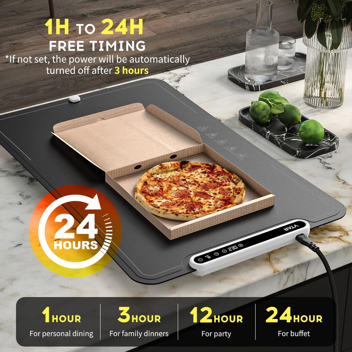 VTAR Electric Food Warming Mat with 8-Level Temp & 24H Timer | Rollable Buffet Tray Warmer for Party, Even Heating with Dual NTC, Auto Shut Off- Black