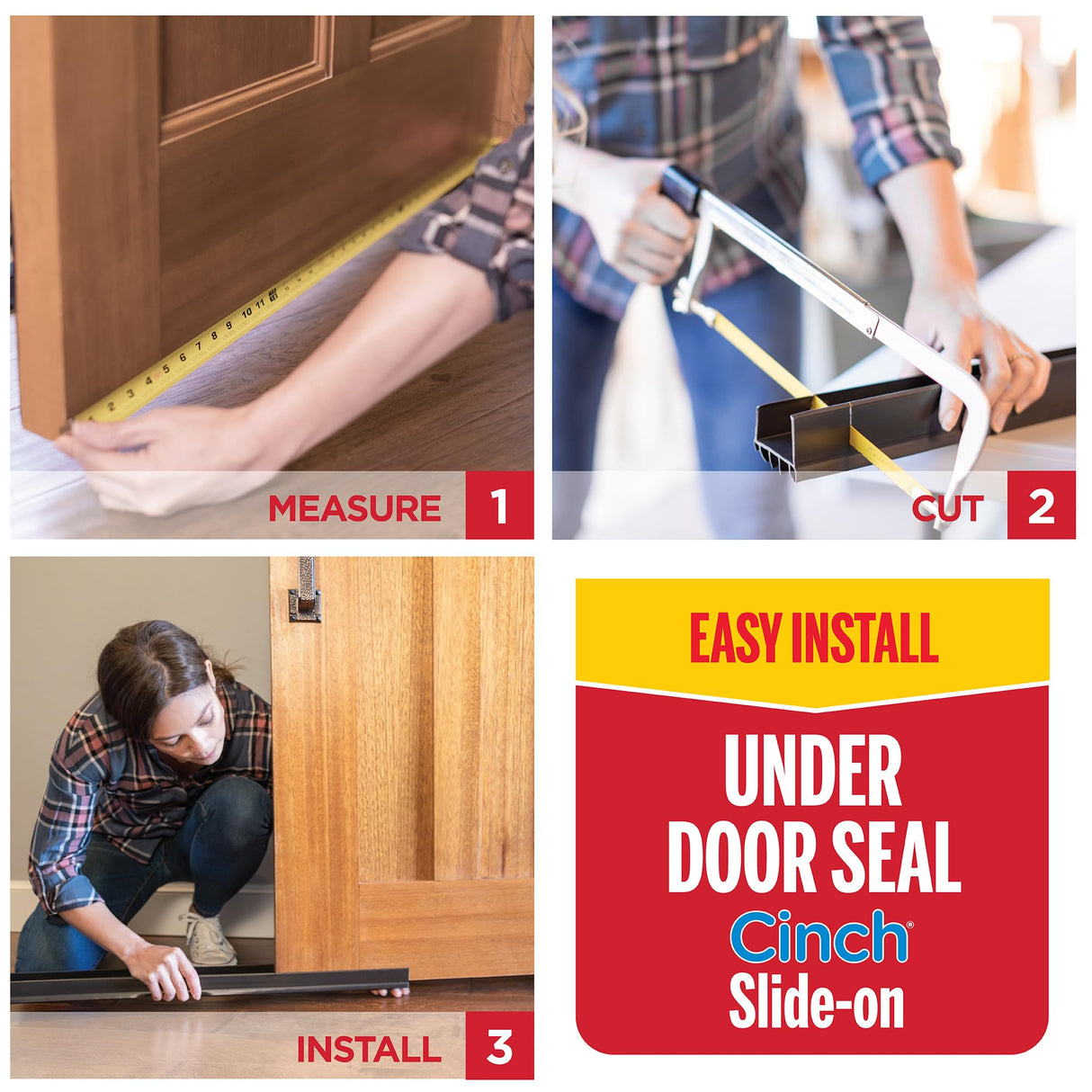 M-D Building Products Vinyl Cinch U-Shape Door Bottom Seal, Slide-On Weatherstripping Draft Stopper, Easy to Install, Fits 36” x 1-3/4” Doors, Fills 3/8”- 3/4” Gaps, 43339, Black