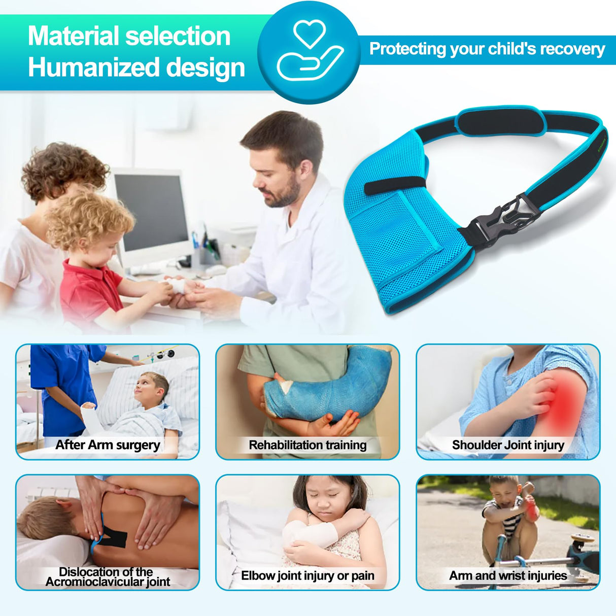 KONSEDIK Kids Arm Sling for left and right,Breathable Kids Medical Shoulder Sling with pocket,for Pediatric Rotator Cuff Injury,Arm,Wrist,Elbow,Clavicle Fracture Post-Surgery(Blue,Small)