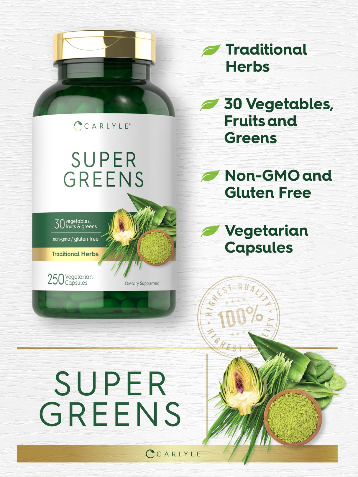 Carlyle Super Greens Capsules | 250 Count | Non-GMO & Gluten Free Supplement