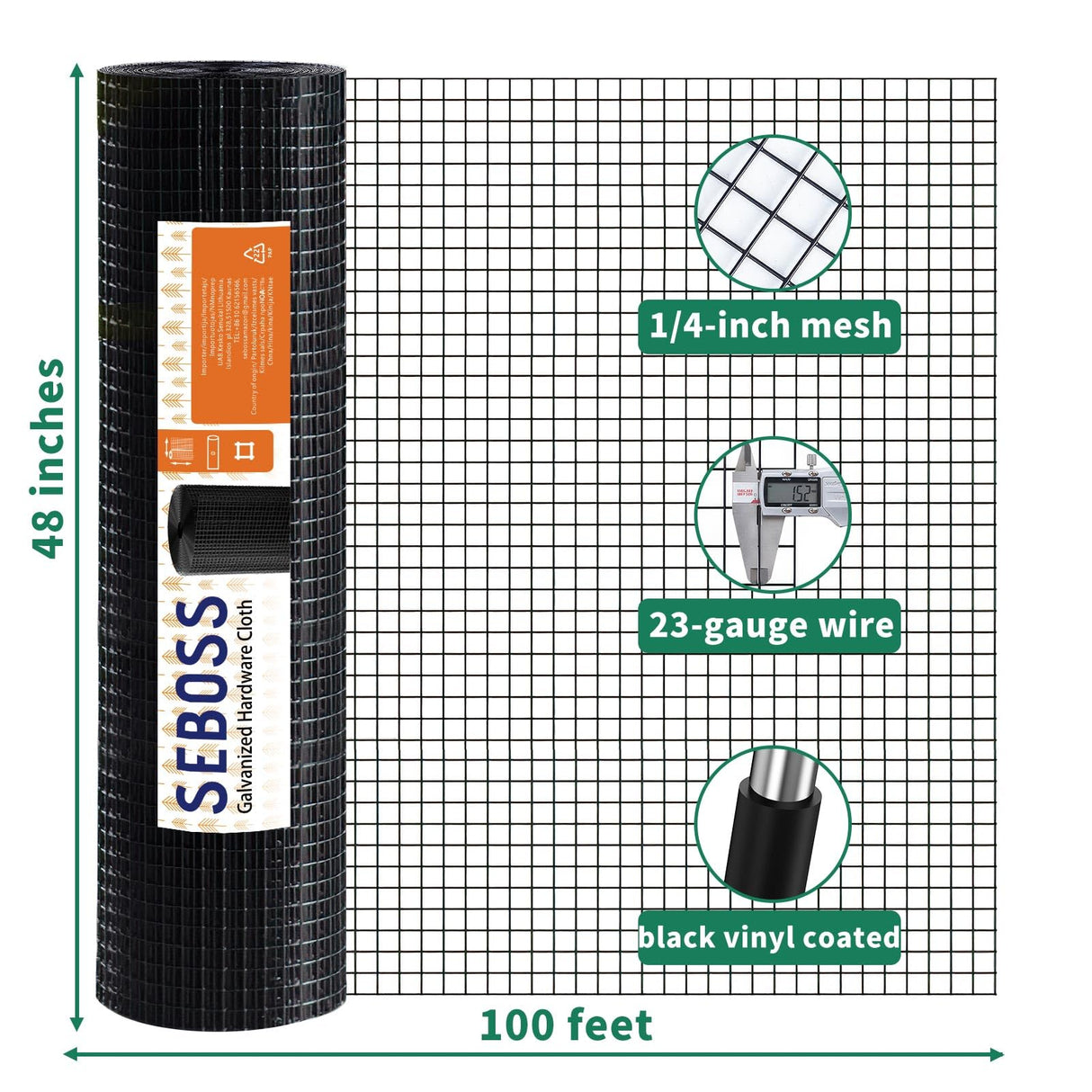 SEBOSS Black Hardware Cloth 1/4 inch 48 x 100 Ft 23-Gauge, Vinyl Coating Chicken Wire Fencing, Chicken Wire Mesh Roll, Garden Fencing and Durable Outdoor Wire Cloth Applications