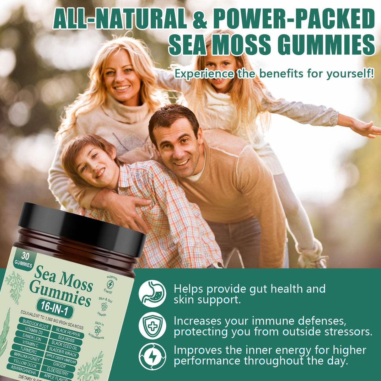 Sea Moss Gummies 16-in-1 | Irish Seamoss Gummies for Women Men with Black Seed Oil & Ashwagandha & Burdock & Bladderwrack | Boosts Immune Support, Skin Health and Digestion | 30 Gummies