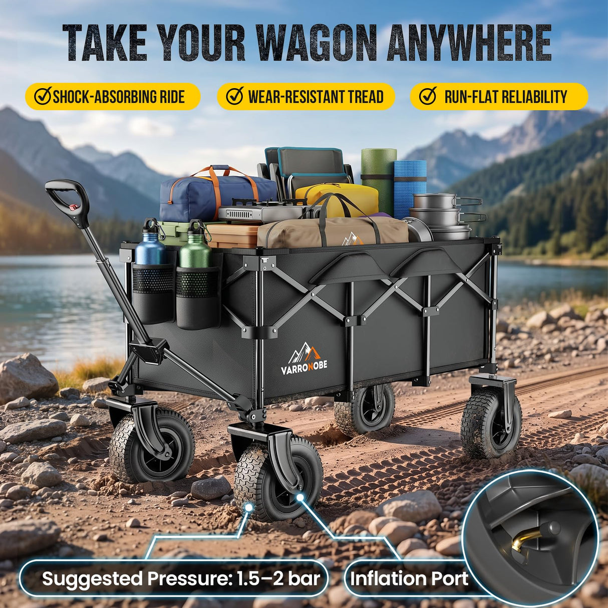 All-Terrain Beach Wagon with 10" x 3.5" Big Inflatable Rubber Wheels for Sand, 220L Collapsible Utility Wagon, 400 lbs Heavy Duty Folding Cart with 2 Cup Holders for Camping, Sports, Garden, Black