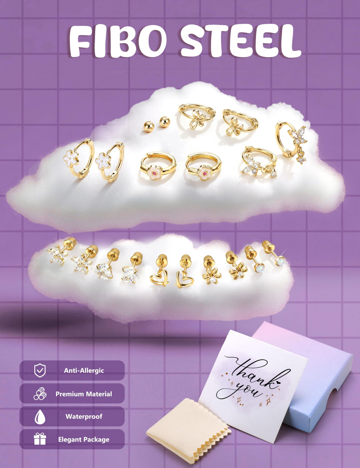 Hypoallergenic Screw Back Earrings for Girls Women - Surgical Steel 14K Gold Plated Cute Toddler Little Girl Kids Earrings for Sensitive Ears Heart CZ Flower Stud Hoop Earring Sets 10 Pairs