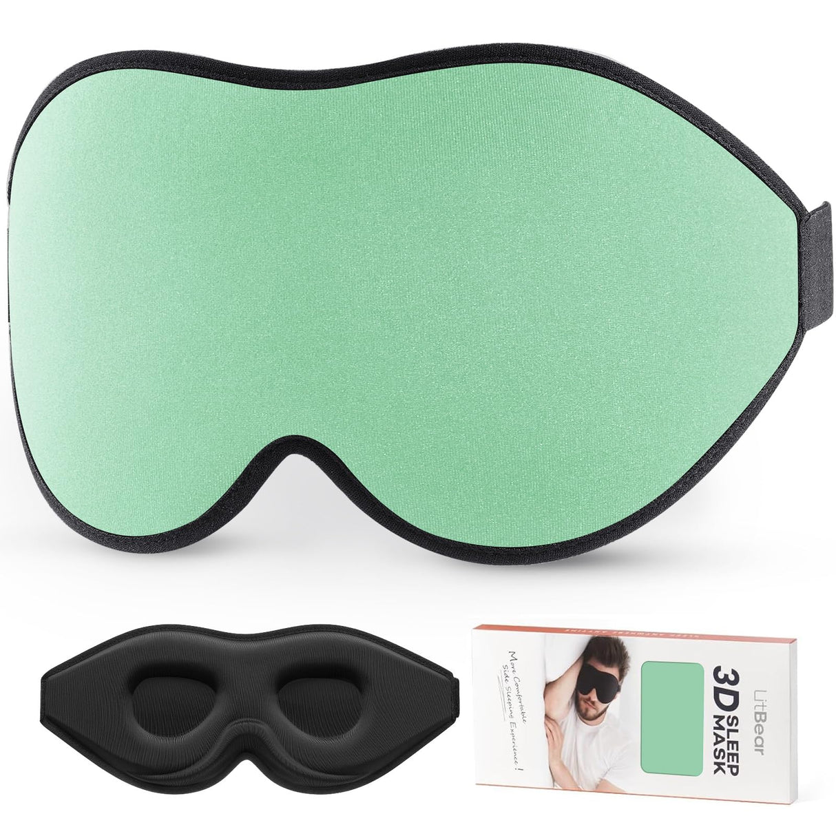 LitBear Sleep Mask for Side Sleeper Women Men, Eye Mask for Sleeping Light Blocking, 3D Contoured Cup Sleeping Mask, Soft Breathable Sleep Eye Mask with Adjustable Strap for Flight, Mint Green