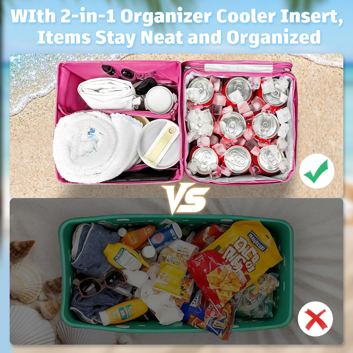 XYFuuee 2-in-1 Cooler Organizer Insert for X Large Bogg Bag Accessories, PEVA Leak-Proof Ice Chest, Lightweight Mesh Divider Inserts Pouch with 4Fastener for XL Bog Beach Rubber Tote, Hot Pink