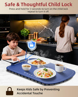 Warming Mat for Food, Upgraded Fast-Heating Electric Warming Tray with 7 Temp Levels & 8 Timers, Buffet Raised Feet & Rollable Silicone Heat Pad, Portable Food Warmer for Home, Party & Travel (Blue)