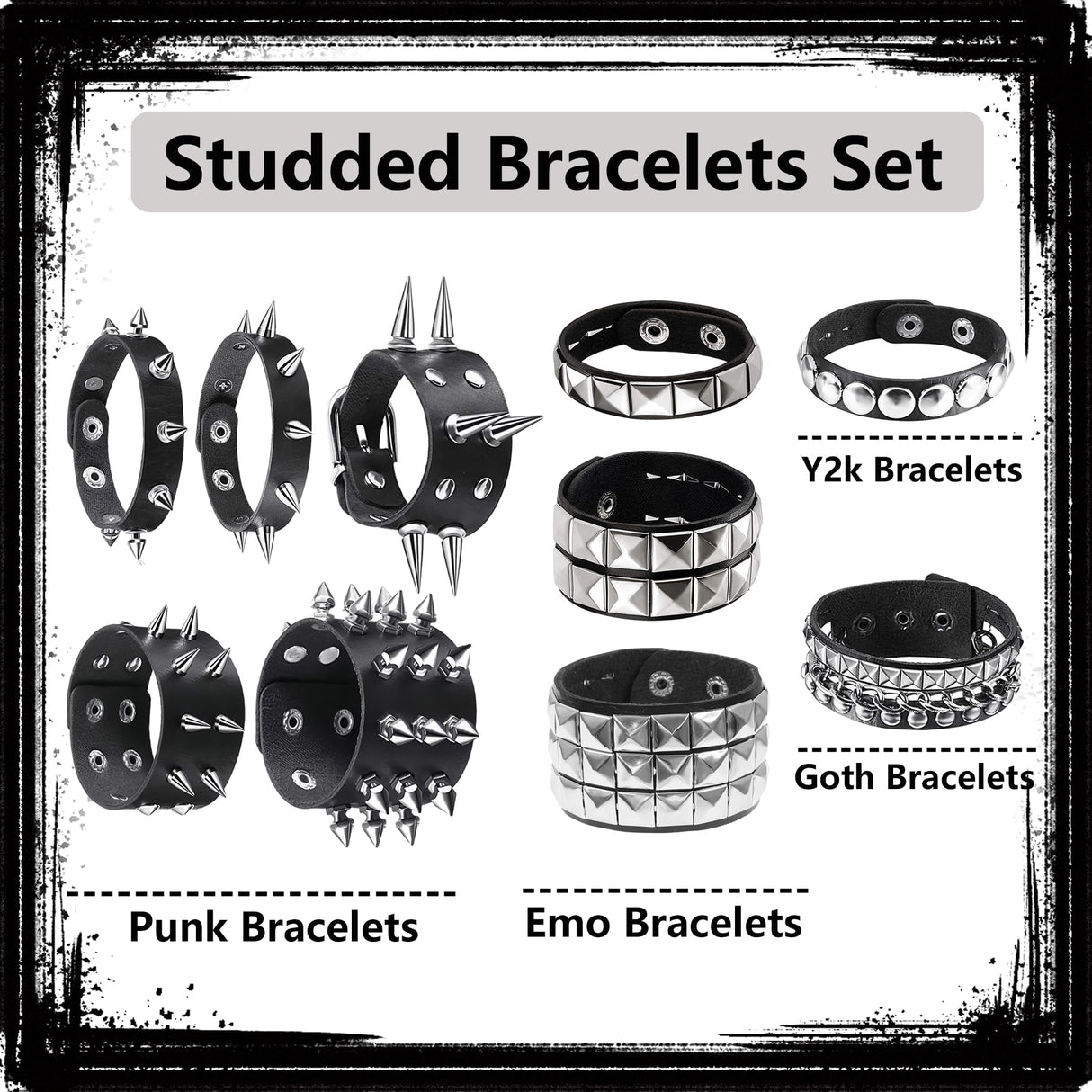 10 Pieces Studded Bracelet, Emo Spiked Bracelets Y2k Black Leather Rivet Punk Bracelet Rock Cuff Goth Bracelets Punk Accessories Halloween for Men Women