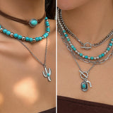IFKM 50 PCS Silver Bohemian Jewelry Set With 7pcs Turquoise Necklace,12 pairs Dangle Earrings, 7pcs Stackable Bangle Bracelets, 24pcs Knuckle Rings For Women Vintage Western Boho Turquoise Anniversary Birthday Friendship Gift (Bohemian style)