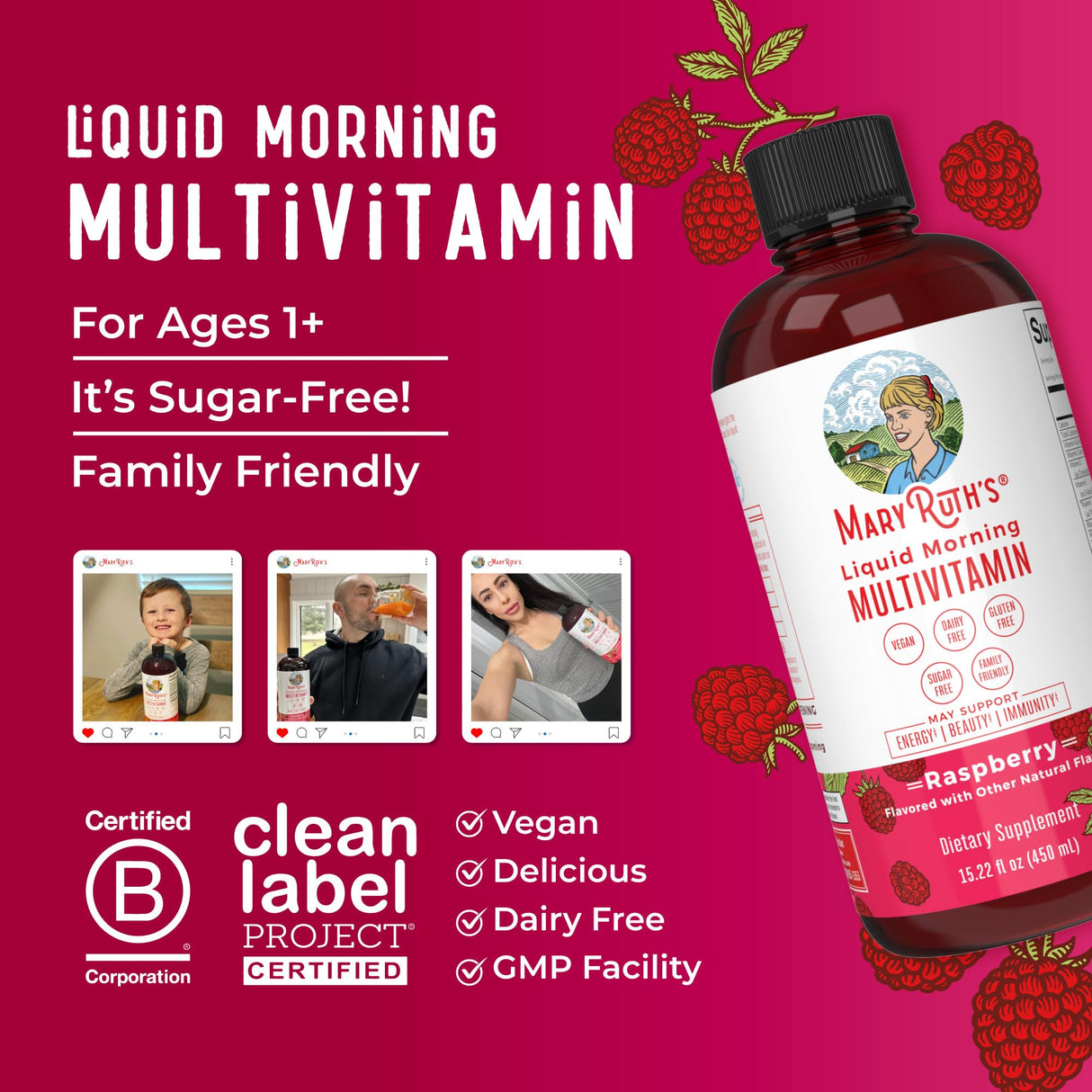 MaryRuth Organics Morning Multivitamin for Women, Men & Kids | Liquid | Vitamin A C D E B6 B12 Biotin Zinc | Beauty | Vegan | Non-GMO | Gluten Free | 15 Servings