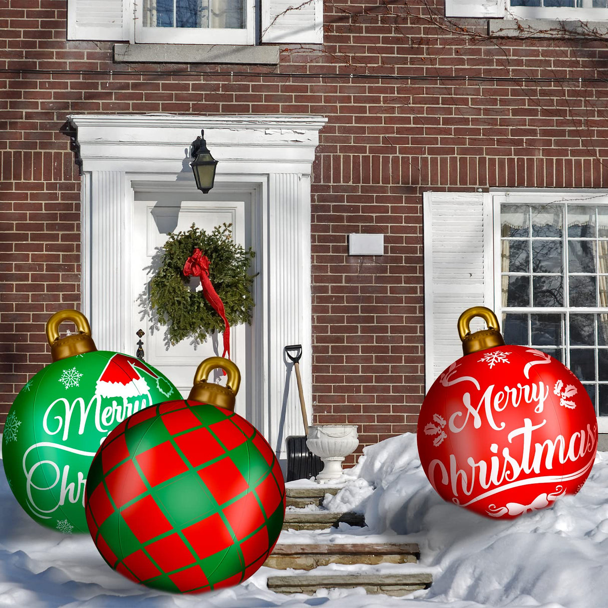 Jetec 4 Pcs 32 Inch Giant Inflatable Christmas Ball Large Xmas Inflatable Ornaments PVC Outdoor Holiday Blow Ball Outside Yard Lawn Porch Decorations(Mixed Red Green,Classic)