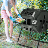 Outvita Compost Bin Outdoor, 43 Gallon Dual Chamber Tumbling or Rotating Composting Bin with Sliding Doors, Tumbler Rotating Batch Composter Bin for Garden Kitchen Yard