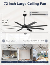 Phylluz 72'' Large Ceiling Fans with Lights, Modern Black Ceiling Fan Remote/APP Control, Dimmable, Quiet DC Motor Big Ceiling Fan for Indoor/Covered Outdoor