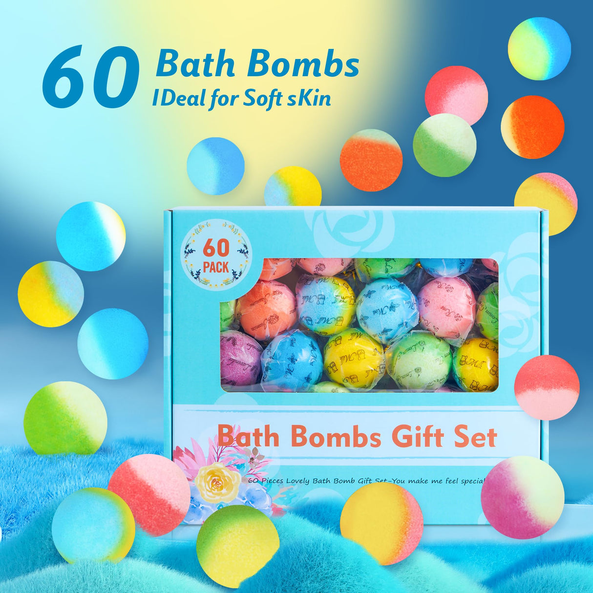 60 Pcs Bath Bombs Set - Massive Quantity Natural Bath Bombs for Kids/Women/Men Individually Wrapped Handmade Organic Bath Supplies Relaxing Kit - for Birthday, Christmas, Mother's Day