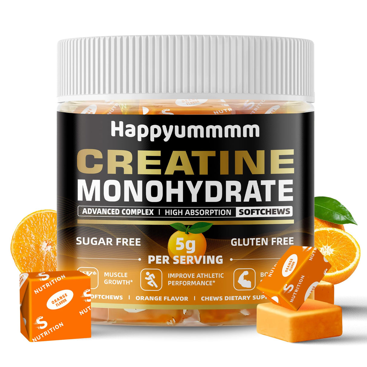Happyummmm Creatine Monohydrate Soft Chews 5g for Men & Women, Preworkout Gummy with Electrolyte for Muscle Growth, Strength & Energy Support, Orange 60 pcs