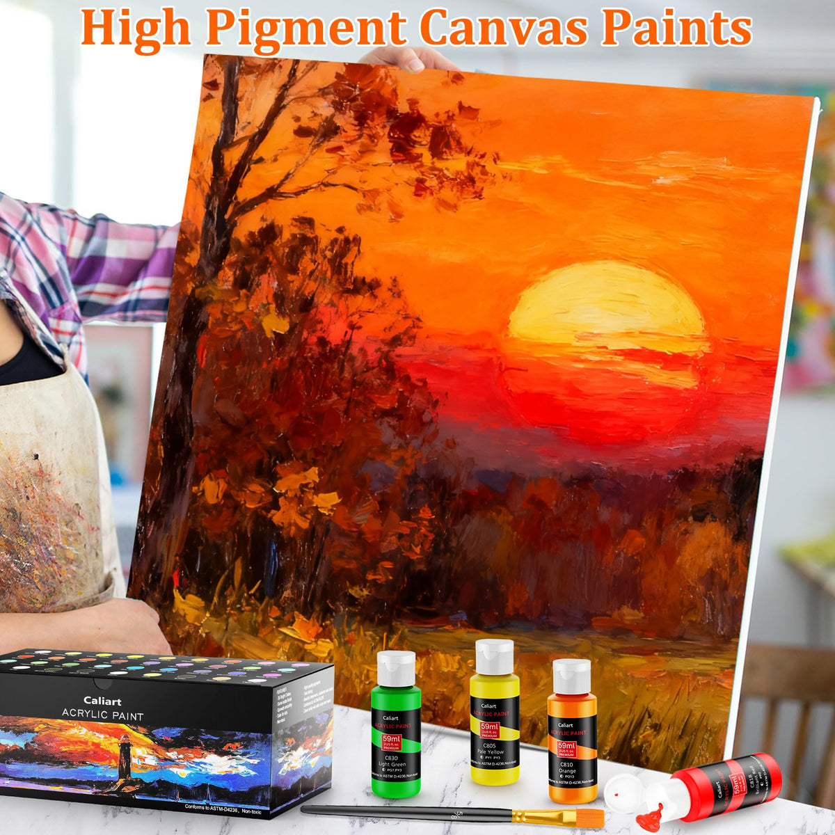 Caliart Acrylic Paint Set of 36 Colors with 12 Brushes
