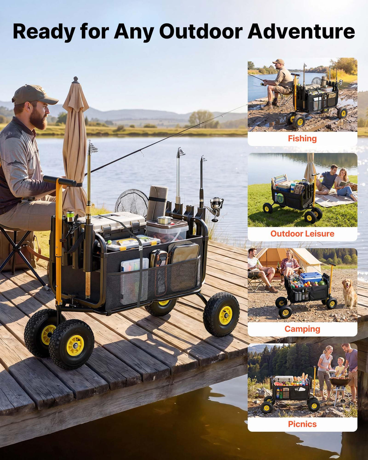 VEVOR Beach Fishing Cart, 300 lbs Load Capacity, Foldable Fishing Cart with Heavy-Duty Carbon Steel Frame, 11-Inch All-Terrain Tires, 8 Rod Holders, Strap, Easy to Clean, for Outdoor Camping Picnic