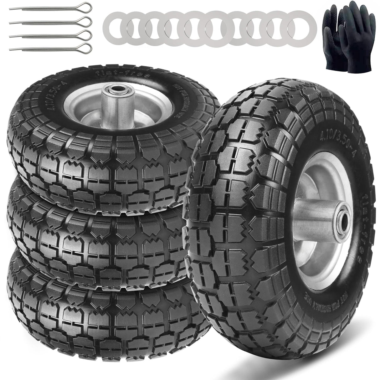 4.10/3.50-4 Tire and Dolly Wheel Flat Free - Solid Rubber Hand Truck Wheels 5/8" Axle - Gorilla Cart Tires Replacement for Garden, Wagon, Yard and Wheelbarrow (10 Inch 4 Pack)