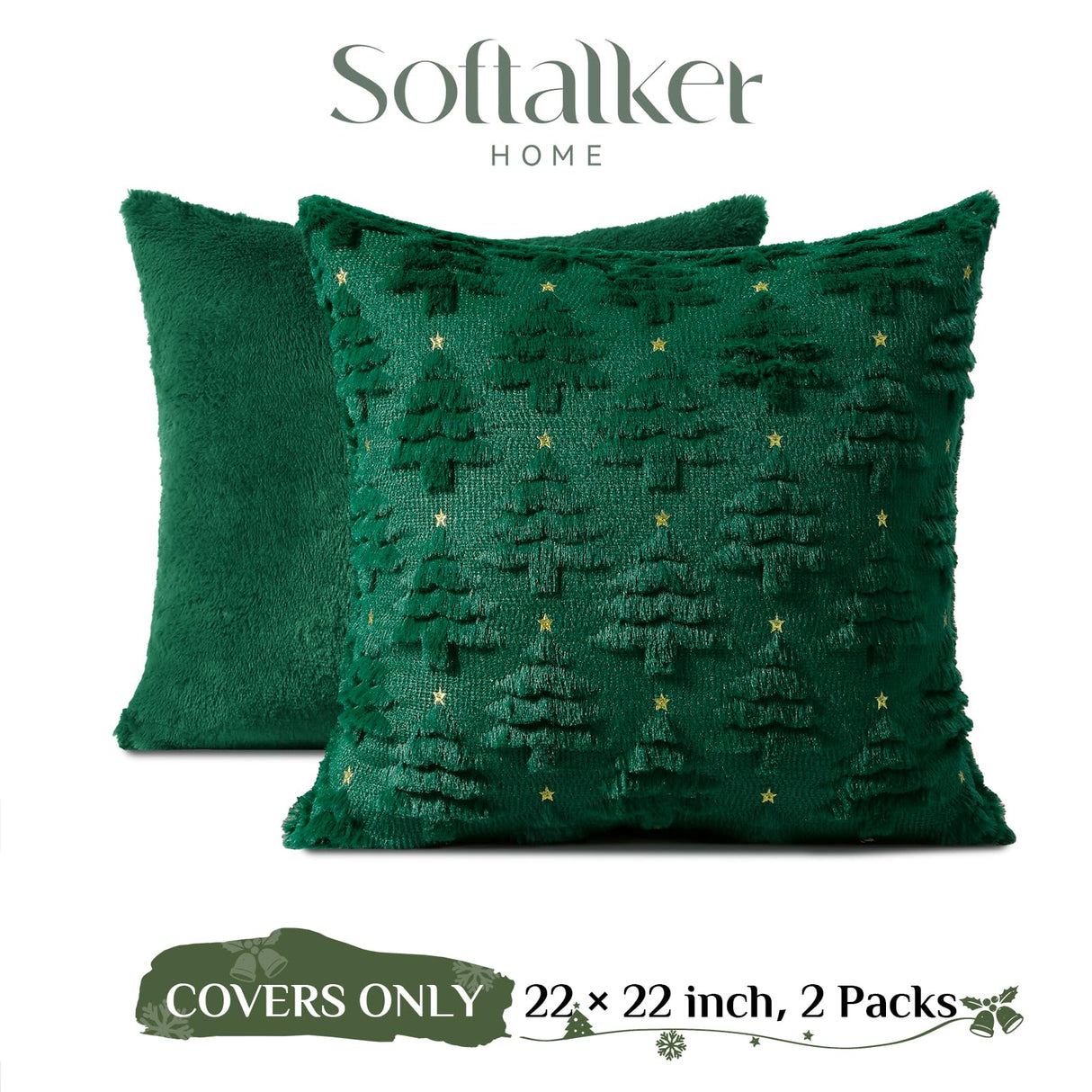 Softalker Christmas Throw Pillow Covers 22 x 22 Inch Set of 2, Xmas Winter Christmas Tree Faux Fur Cushion Covers, 3D Embroidered Pillow Cases for Couch Bedroom Living Room Decor, Green