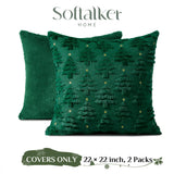 Softalker Christmas Throw Pillow Covers 22 x 22 Inch Set of 2, Xmas Winter Christmas Tree Faux Fur Cushion Covers, 3D Embroidered Pillow Cases for Couch Bedroom Living Room Decor, Green