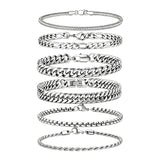 Mosflor 6 Pcs Silver Bracelets for Men, Cuban Link Chain Bracelet Stack Mens Stainless Steel Metal Rope Bracelet Set 8.3 Inches Mens Fashion Accessories Jewelry Non Tarnish for Men Dad Him Husband Son