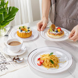 WDF 120PCS Plastic Christmas Plates White Silver Rim - Disposable Plates including 60PCS for Dinner 10.25inch, 60 Salad/Dessert Plates 7.5inch Heavy Duty Wedding