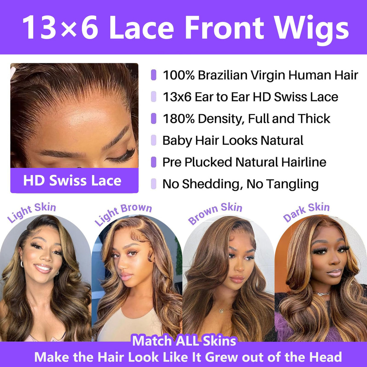 Honey Blonde Ombre Lace Front Wig Human Hair Highlight Body Wave 13X6 Lace Front Wigs Human Hair Pre Plucked HD Frontal 180 Density Glueless 4/27 Highlighted Human Hair Wig 26 Inch