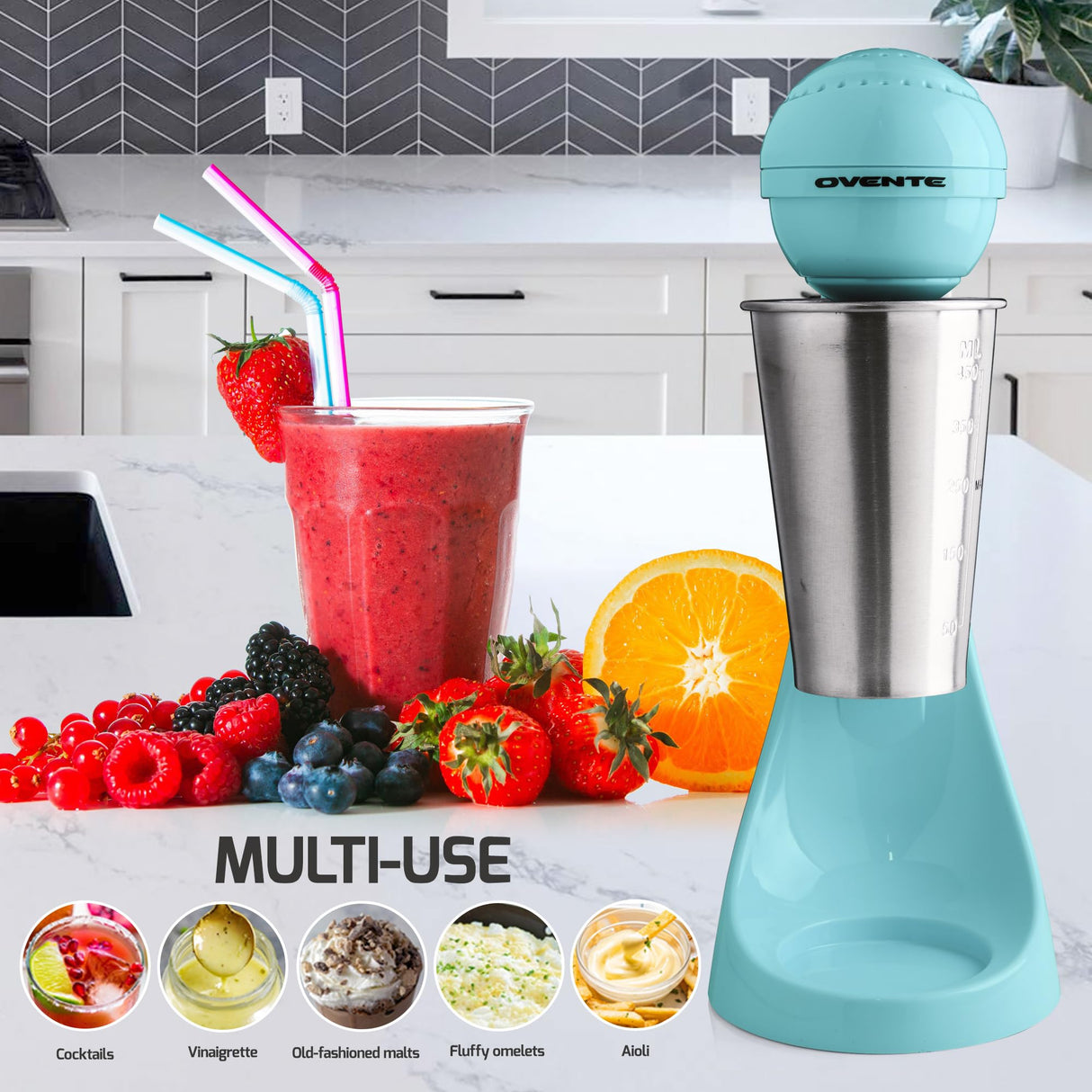 OVENTE Classic Milkshake Maker Machine with 2 Speed Setting, Safety Lock & 15.2 Ounce Stainless Steel Mixing Cup & Rod, Electric Drink Mixer Ideal for Malted Milk, Protein Shakes & More, Blue MS2070BL