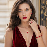 Paxuan Crystal Rhinestone Wedding Jewelry Sets Bridal Pendant Necklace Stud Earrings Link Bracelets Rings Set for Women (Gold Plated Red Cubic Zirconia)