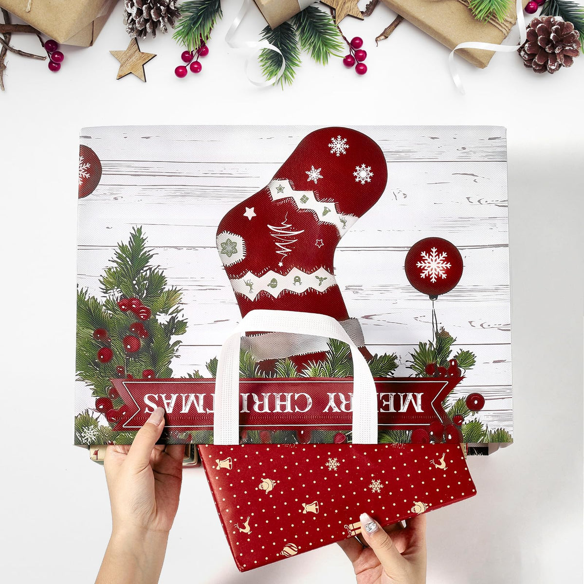 STYPOP 12 Pack 17" Extra Large Christmas Gift Bags, Reusable Non-Woven Christmas Tote Bags with Handles, Perfect for Gift Wrap/Party Favor Supplies, 16.9 * 12.6 * 6.8"