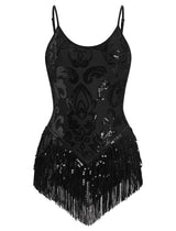 IBAKOM Women Sexy Shiny Sequins Fringe Bodysuit Sparkly Tassel Latin Jazz Dance Acrobat Costume Adult Circus Trapeze Artist Dancing Queen Rave Outfits Glitter Christmas Dance Leotard Black M