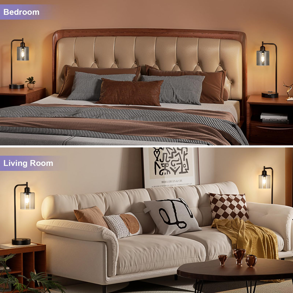 Innqoo Industrial Touch Table Lamps for Bedrooms Set of 2-3-Way Dimmable Lamps with USB C+A Ports and Outlet, Copper Bedside Lamps with Clear Glass Shade for Living Room, Desk Lamps for Home Office