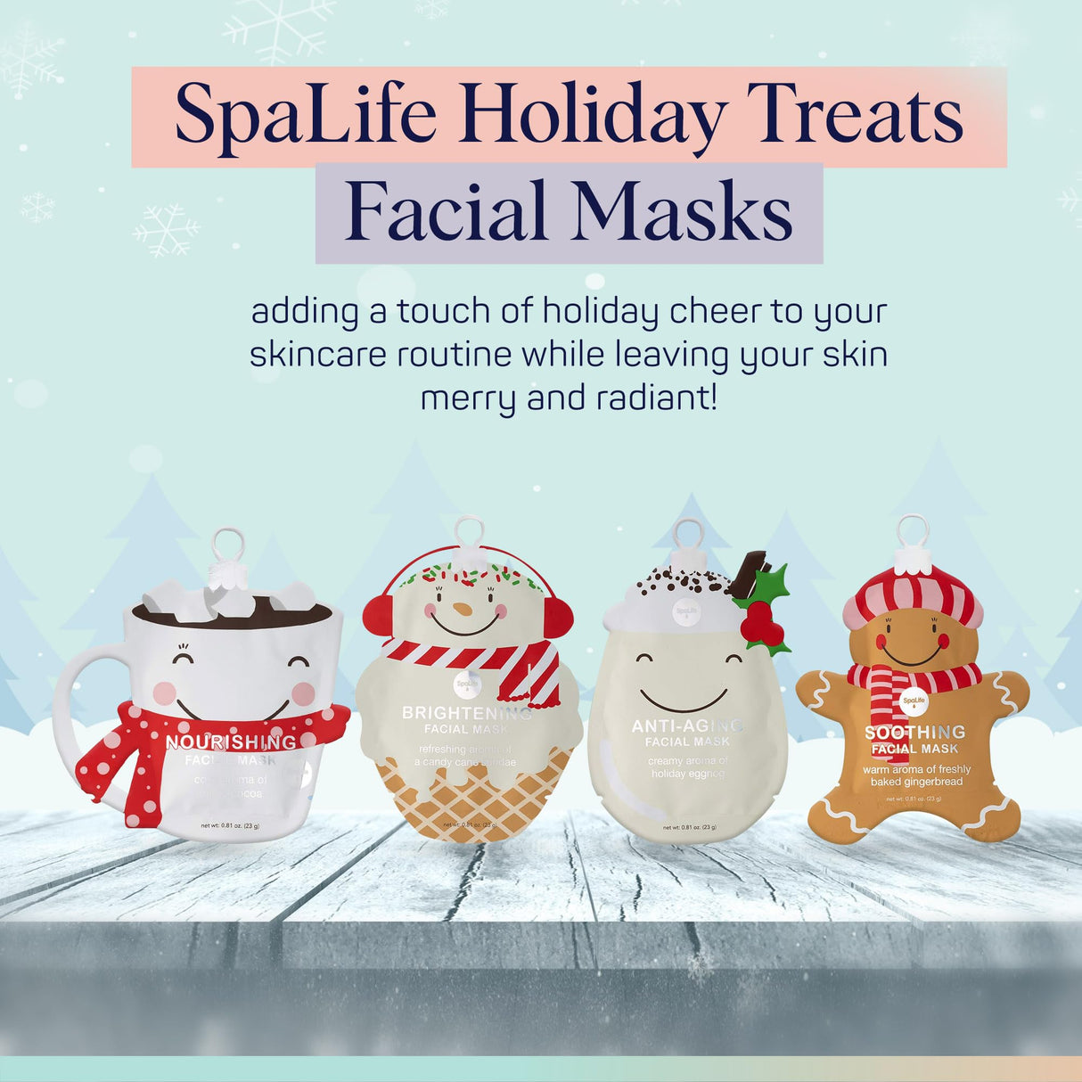SpaLife Holiday Treats Facial Masks 12-Pack Assorted - Festive Christmas Skincare for Hydration and Refreshment - Gingerbread, Sundae, Cocoa & Eggnog