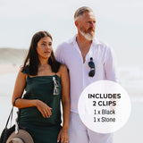 KLIPSTA SPEX Glasses Clips (Black+Stone 2-pack) - Perfect Holiday Gift & Christmas Stocking Stuffer - Magnetic Glasses Holder for Clothes, Eyewear Strap Alternative, ID Badge Holder