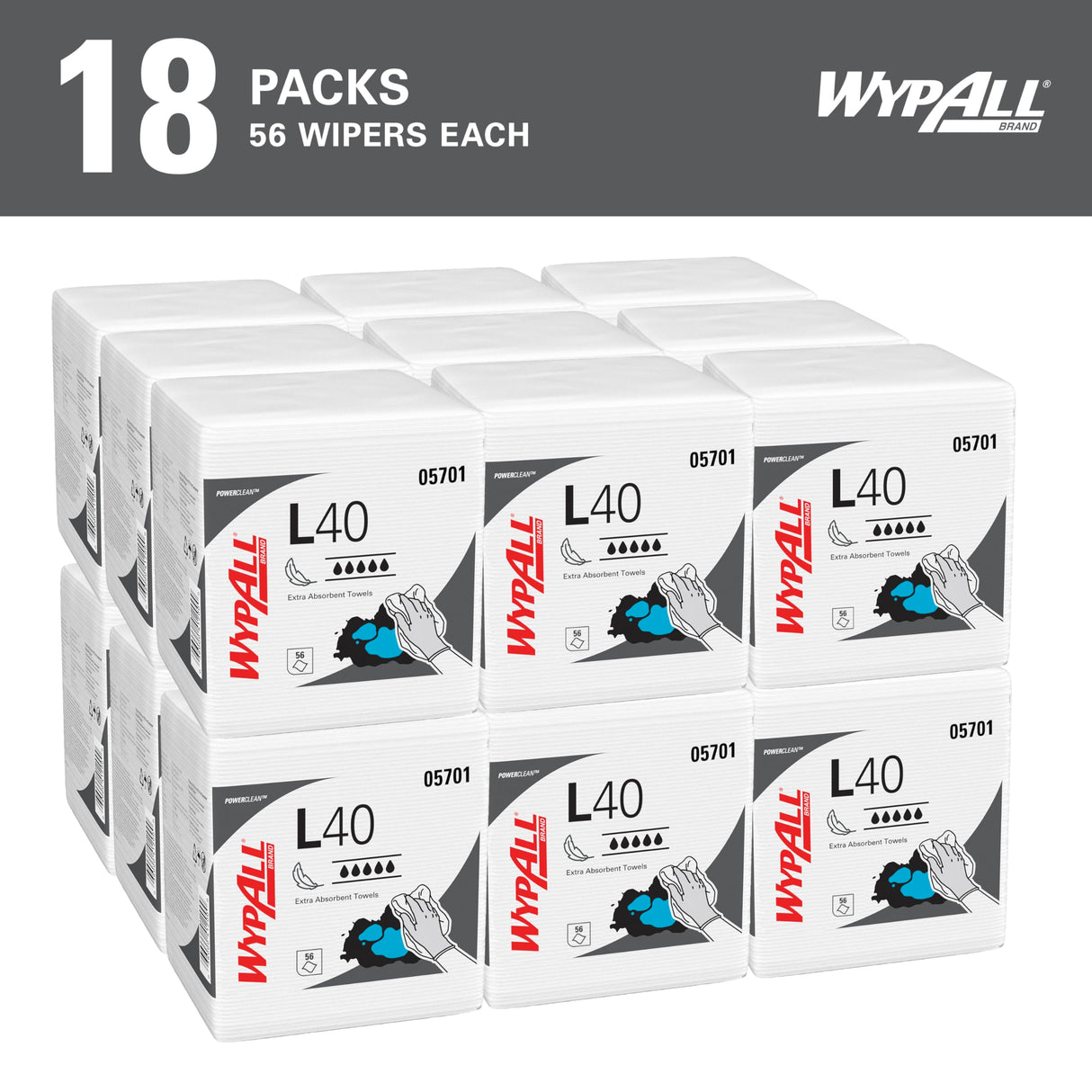 Wypall PowerClean L40 Cloths Extra Absorbent Wipes (05701), Quarterfold, Bulk Paper Wipers, White (18 Packs of 56 Sheets, 1,008 Sheet Total)