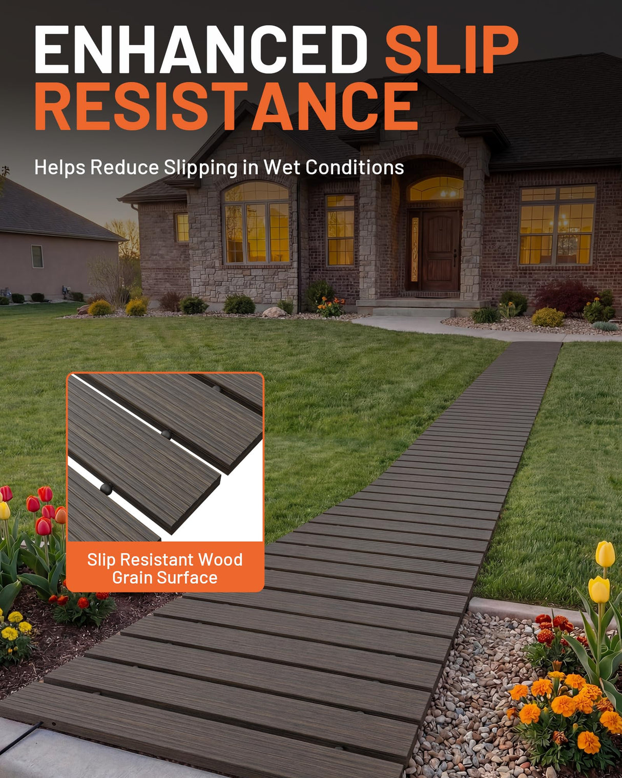 yoopin Wooden Garden Pathway Roll Out Walkway, Flexible Outdoor Wood Boardwalk for Lawn Sand Backyard, Non Slip Surface, Portable Garden Path with Rubber Connectors, 11.5FT, Brown