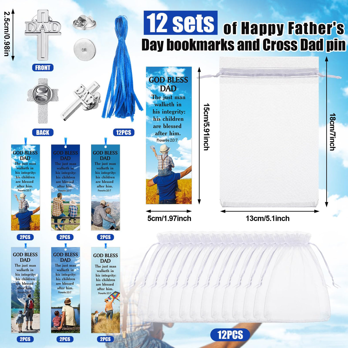 Supervitae 24 Pcs/ 12 Sets Father's Day Bookmark Gifts Bulk God Bless Dad Lapel Pin with Bookmark Gift Set, Include 12 Proverbs 20: 7 Christian Bookmarks 12 Cross Dad Pin for Religious Church Prizes