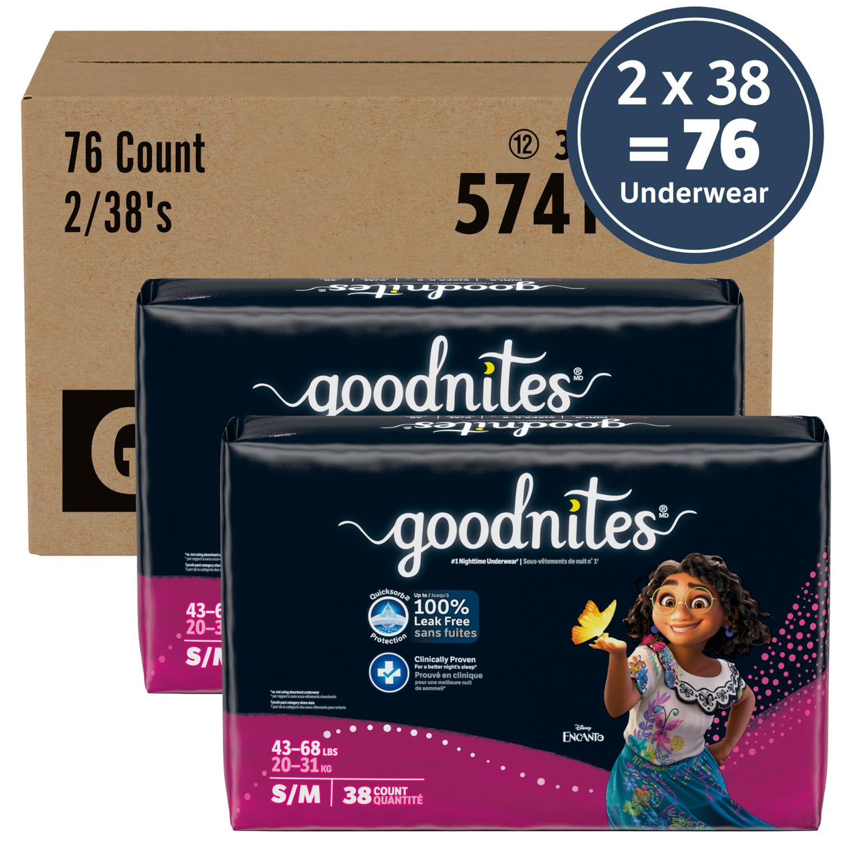 Goodnites Girls' Bedwetting Underwear, Size S/M (43-68 lbs), 76 Ct (2 Packs of 38), Packaging May Vary