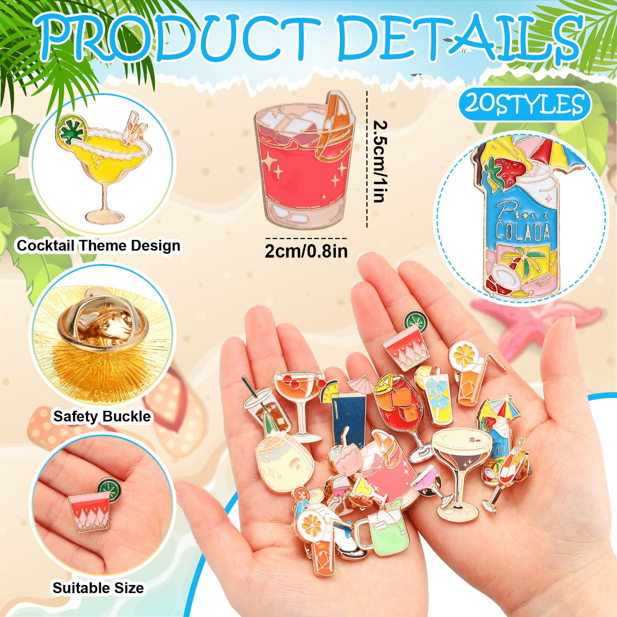 Quelay 20 Pcs Cocktail Enamel Pin Classic Cute Lapel Pin Set Beach Brooch Badges Jewelry for Bartender Aprons, Jackets, Backpacks and Purses, Shirt and Suit Lapels