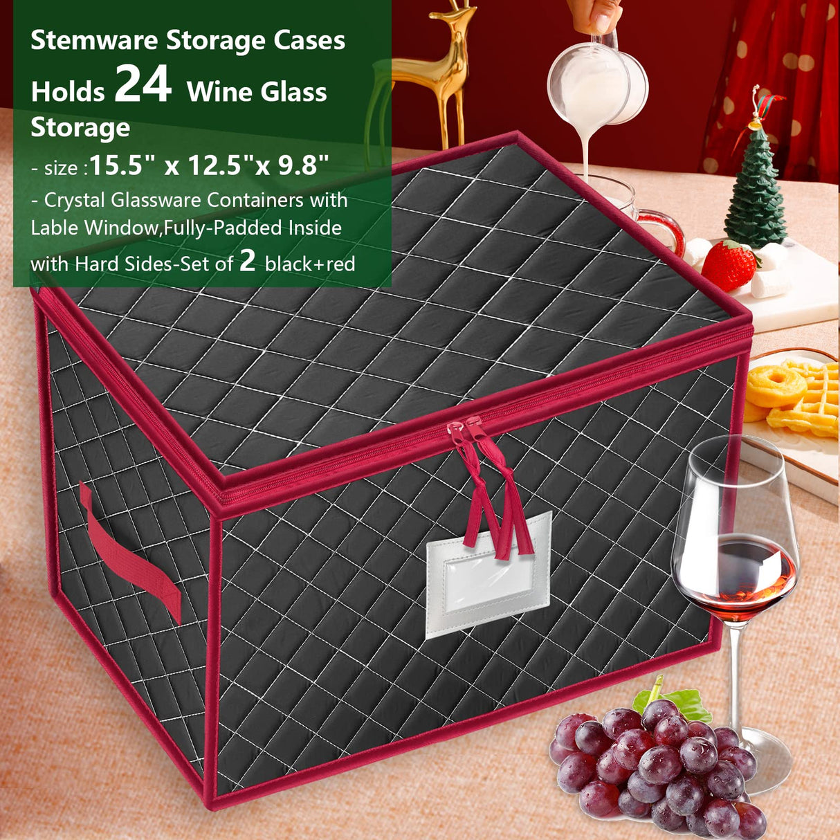 VERONLY Christmas Stemware Storage Cases with Dividers- Holds 24 Wine Glass Storage or Crystal Glassware Containers, China Storage Containers with 2 Handles and Lable Window -Set of 2 Black