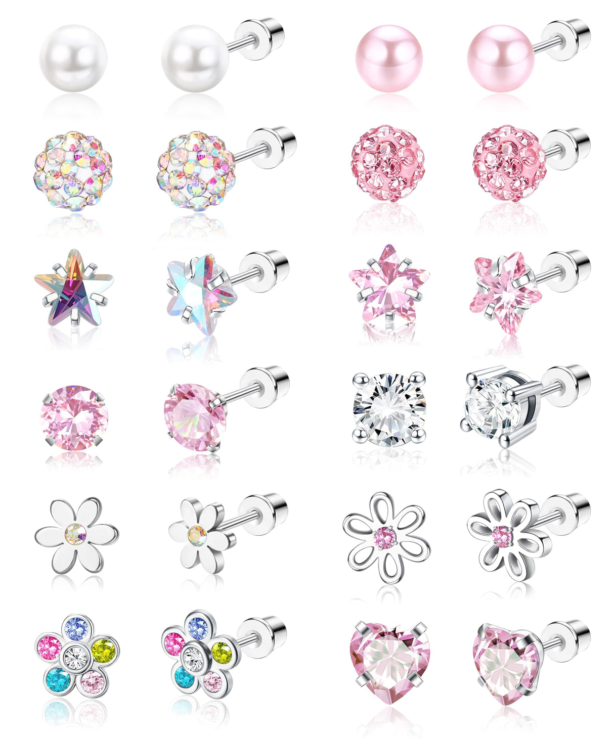 SAILIMUE 12 Pairs Hypoallergenic Screw Back Earrings for Women Girls Surgical Steel Cute Heart CZ Flower Pearl Ball Tiny Screwback Stud Earring