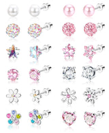 SAILIMUE 12 Pairs Hypoallergenic Screw Back Earrings for Women Girls Surgical Steel Cute Heart CZ Flower Pearl Ball Tiny Screwback Stud Earring