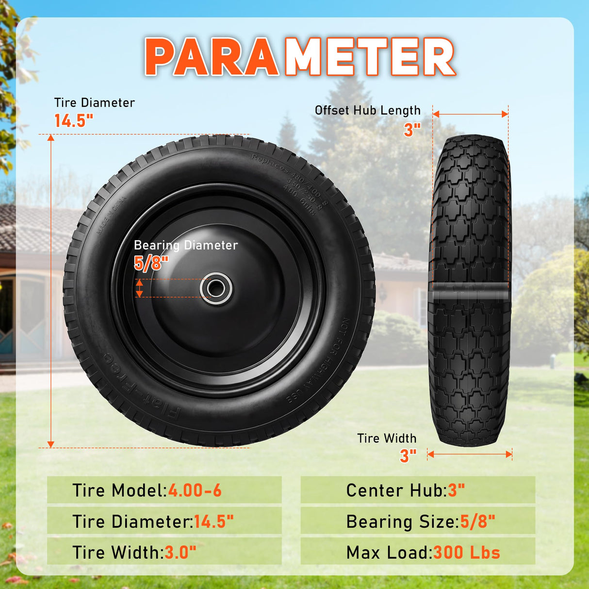 2-PCS 4.80/4.00-8 Tire, 14.5" Flat Free Wheelbarrow Tire and Wheel - Solid Replacement Tires with 3"-7" Adjustable Centered Hub, 5/8" & 3/4" Bearings | Fit 4.80/4.00-8, 4.00-8, 4.00-6, 3.50/3.00-8