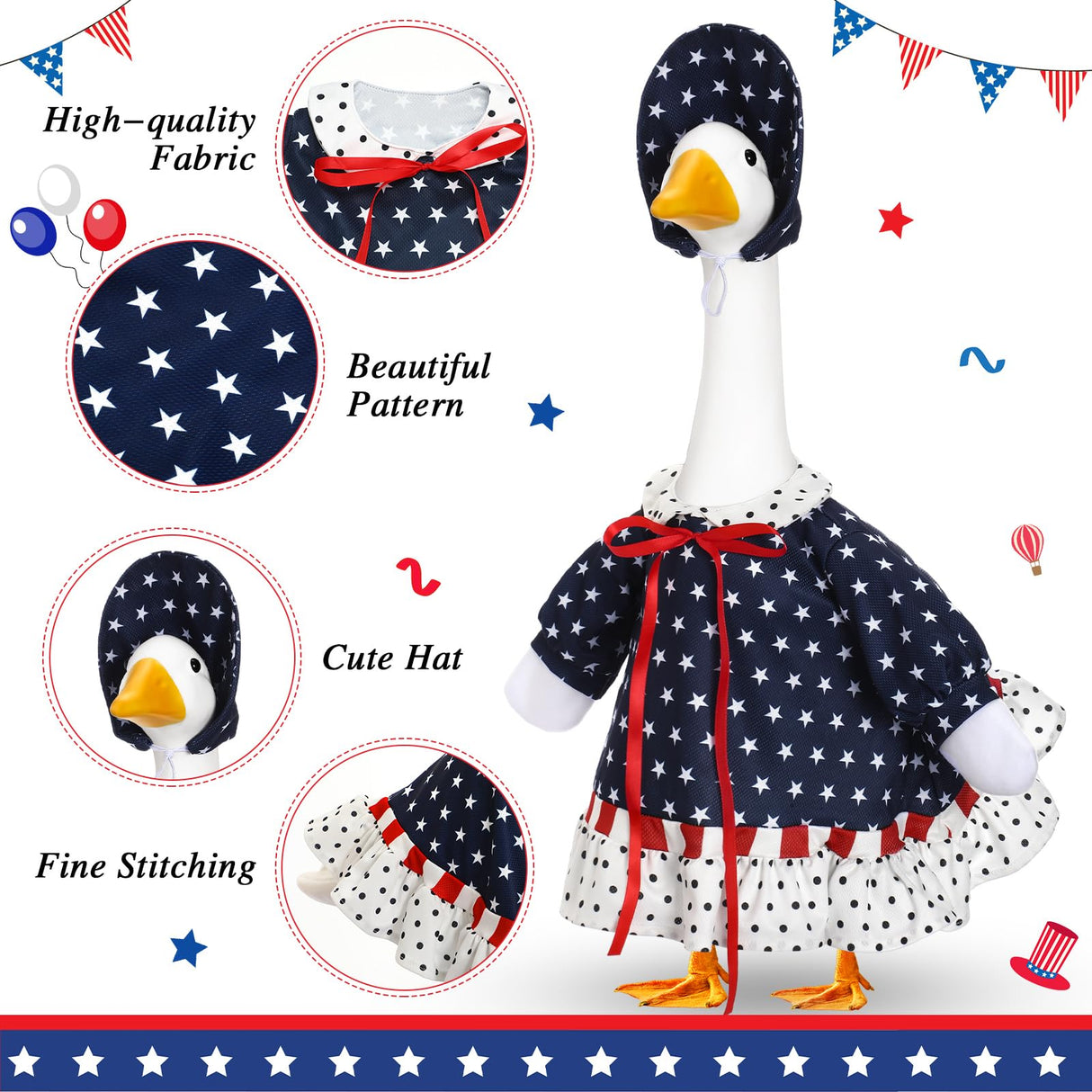 Yeyeplum 4th of July Goose Outfit Set for 23'' Plastic Lawn Porch Goose Statue Clothes Patriotic Skirt with Flag Independence Day Costume for 4th of July Outdoor Patio Yard Lawn(Star Pattern Hat)