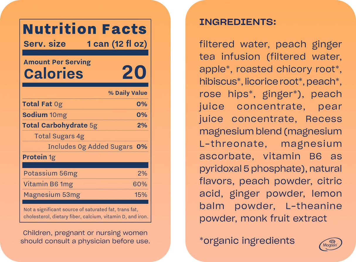 Recess Mood Magnesium & Adaptogen Drink, Relaxation Beverage, 12 ounce (Peach Ginger, 12 pack)